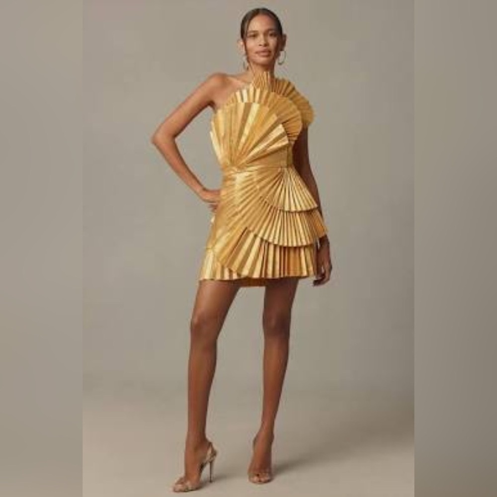 Acler Radiant Gold Pleated Mini Dress